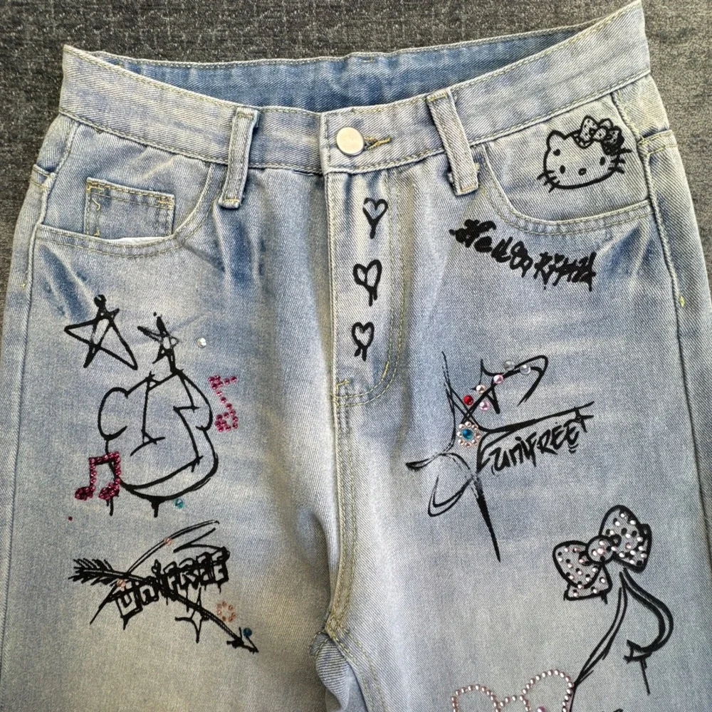 Vintage Hello Kitty Graffiti Rhinestone Wide Leg Jeans Womens 43 Blue Light Wash